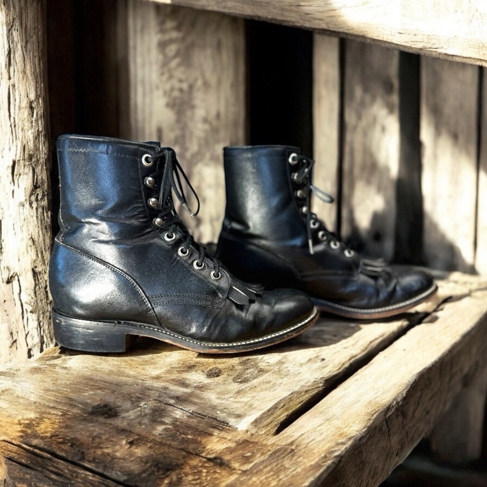 Justin Junior vintage Kiltie Roper Black Lace Up Durable Leather round toe boots - Picture 2 of 9